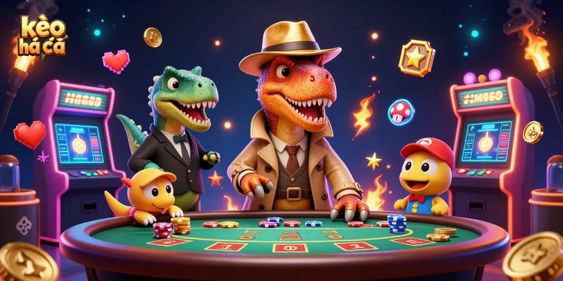 Engage with kèo nhà cái by observing a cartoon velociraptor at a blackjack table surrounded by vibrant casino elements.