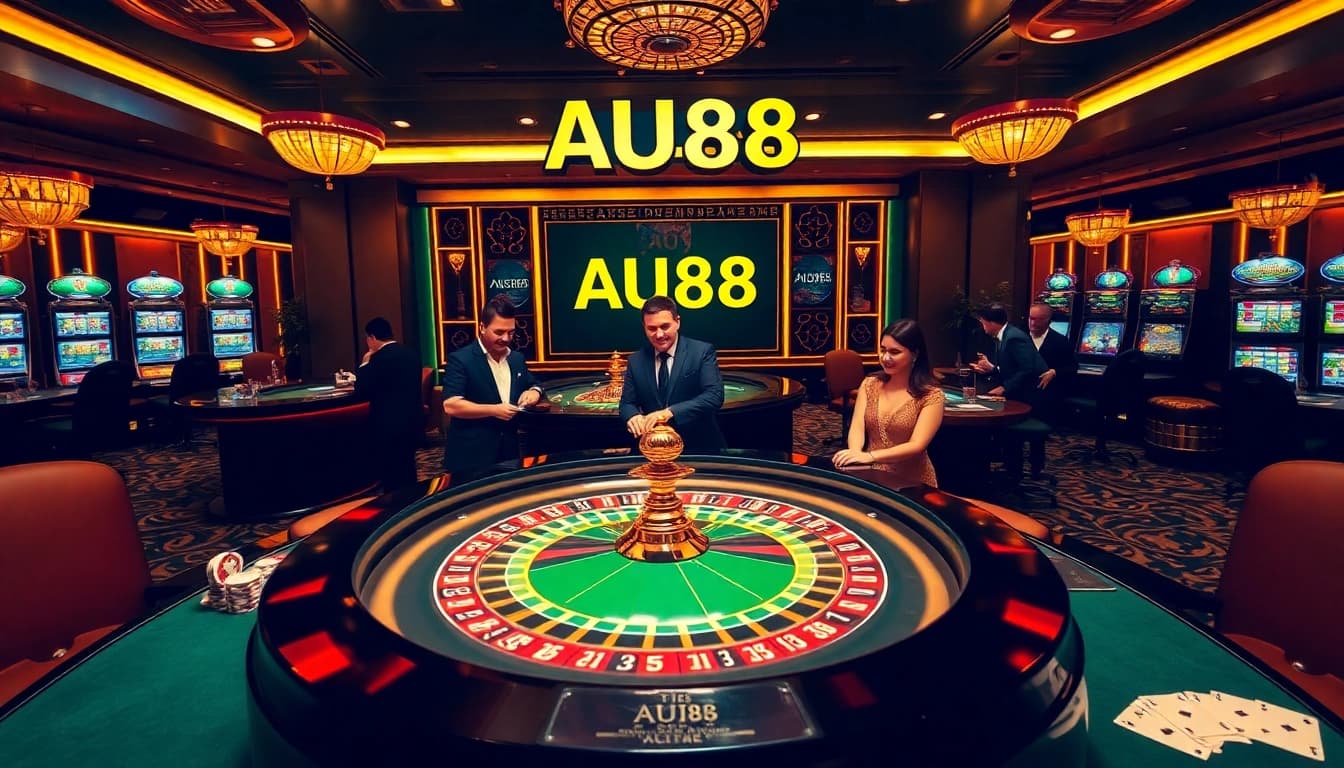 Engaging AU88 casino scene with roulette, professional dealers, and vibrant gambling action.