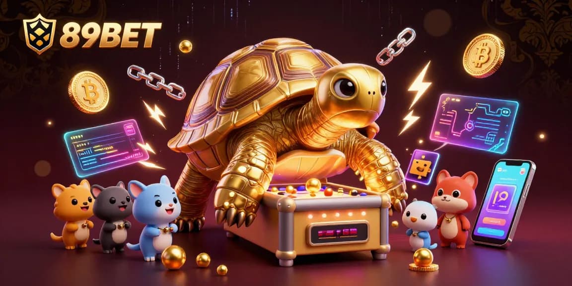 Experience thrilling gaming at 89BET with dynamic casino elements and a colossal golden tortoise.