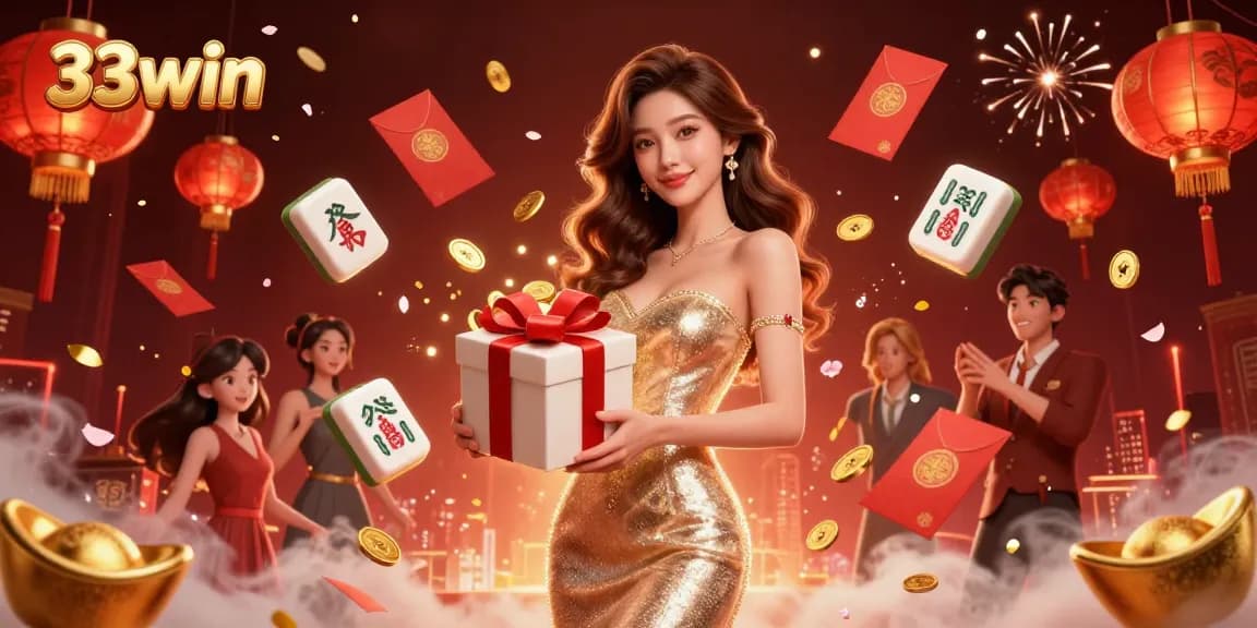 Experience excitement at 33win with a stunning casino scene featuring golden coins and festive decor.