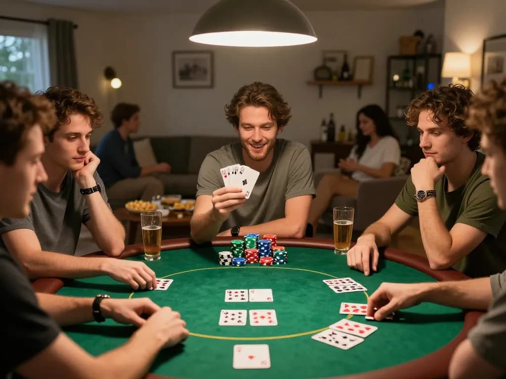 Friends celebrating a winning hand at a MANCLUB poker night, showcasing fun and strategy.