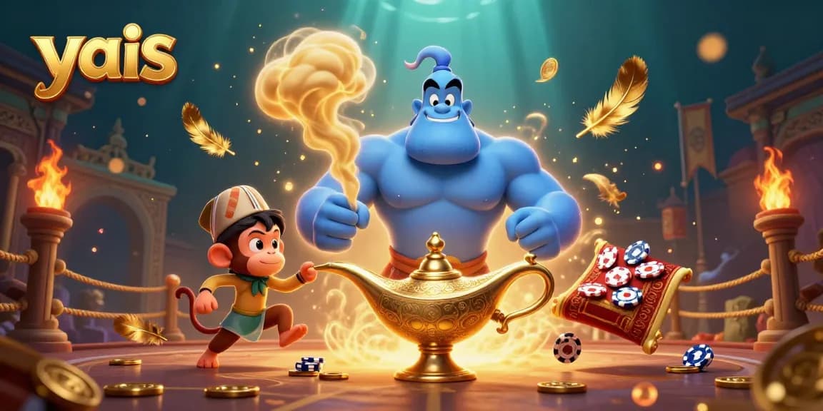 Experience yais' thrilling casino adventure with a magical genie and vibrant flying carpet.