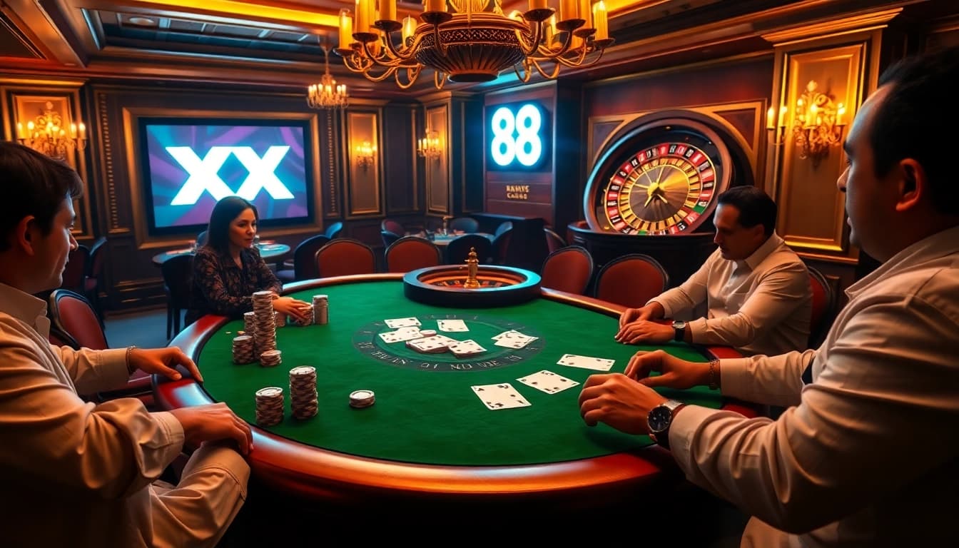 Engaging poker scene at XX 88 casino with players and vibrant atmosphere