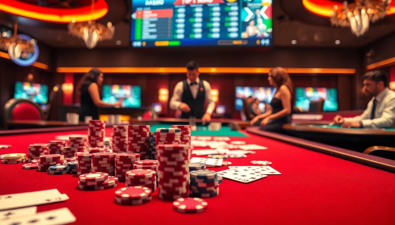Experience excitement at TR88 trang chủ with a vibrant casino scene showcasing dealers and games.