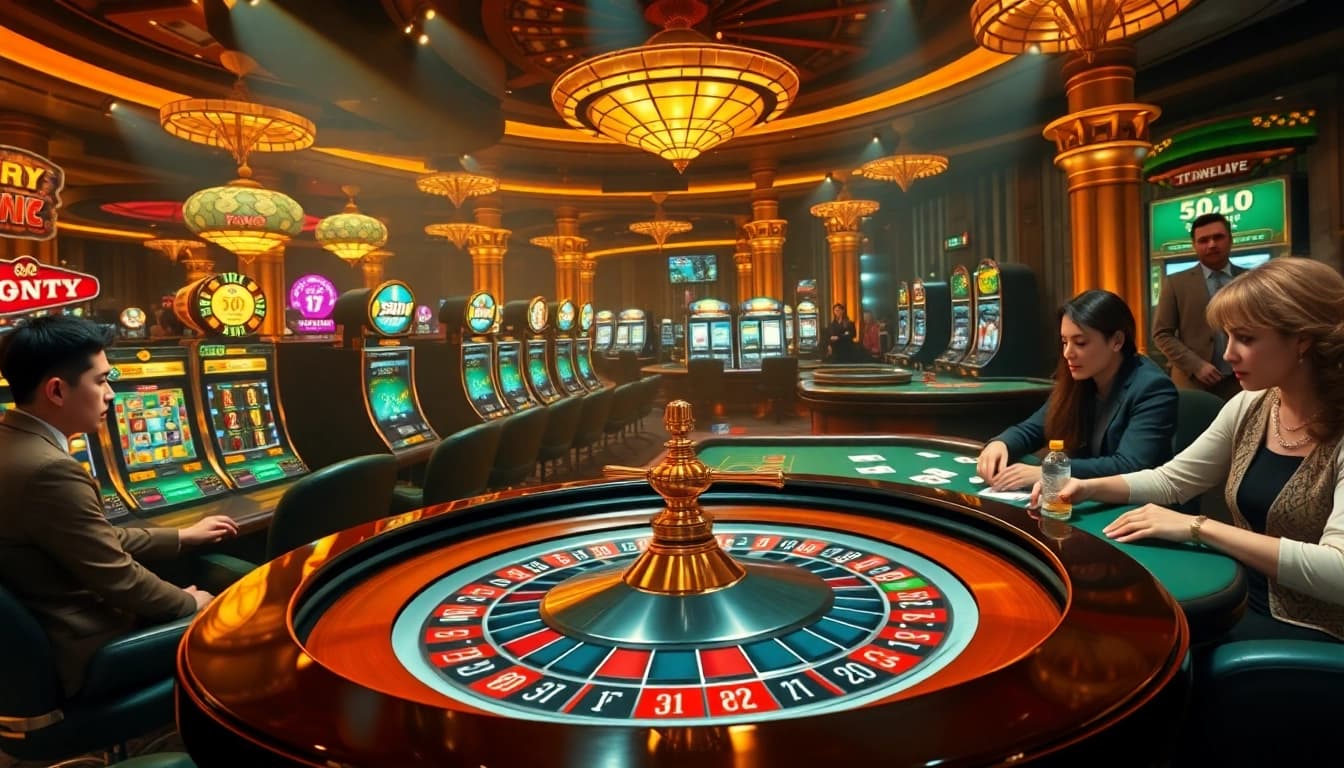 Experience excitement and luxury at say88, featuring a vibrant casino scene with roulette, poker, and slot machines.