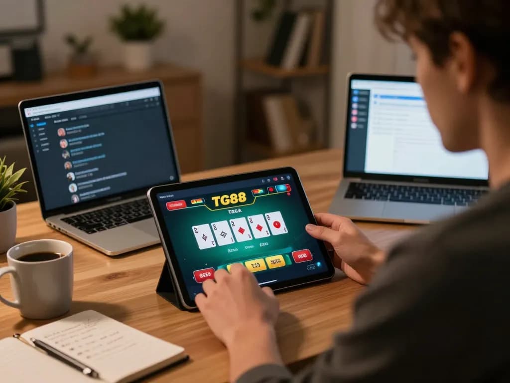 Player engaging in poker on the TG88 app at home, showcasing strategic betting with notes and a tablet