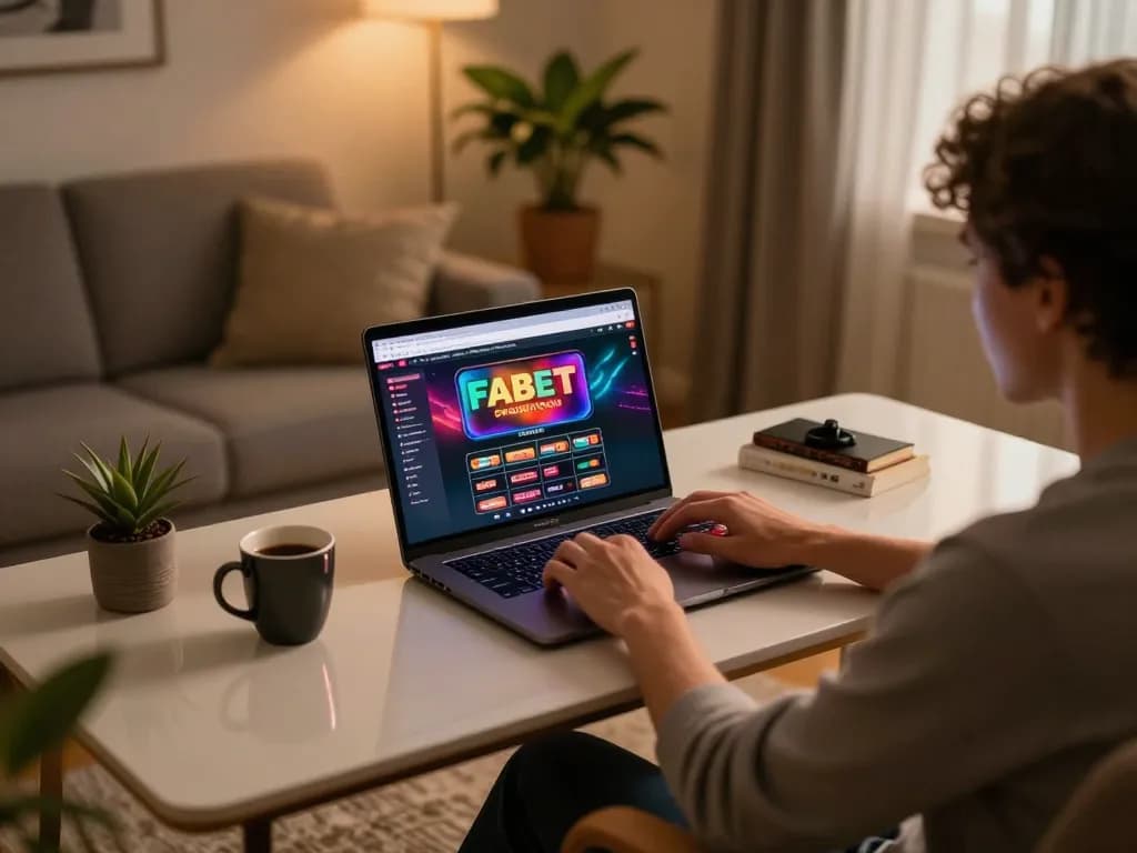FABET online casino gameplay in a cozy home environment with a player focused on gaming strategy.
