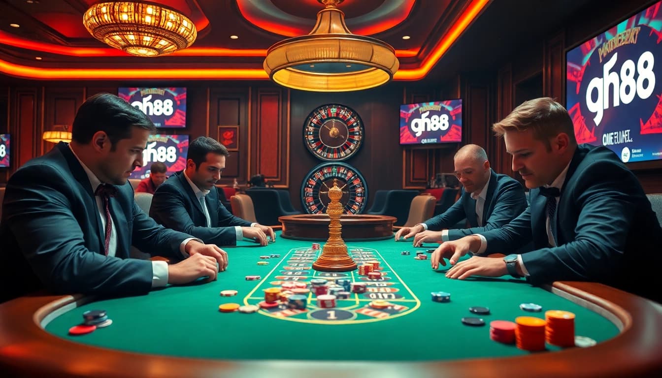 High-stakes poker players at a qh88 casino table, surrounded by vibrant chips and a roulette wheel.