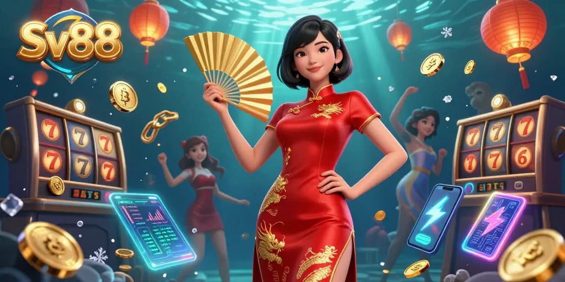 Engage with Sv88 through a vibrant casino illustration showcasing a confident woman surrounded by slot elements and crypto coins.