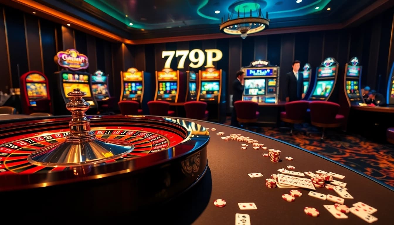 Players engaging in thrilling gameplay at 789p casino table with vibrant slot machines and roulette.
