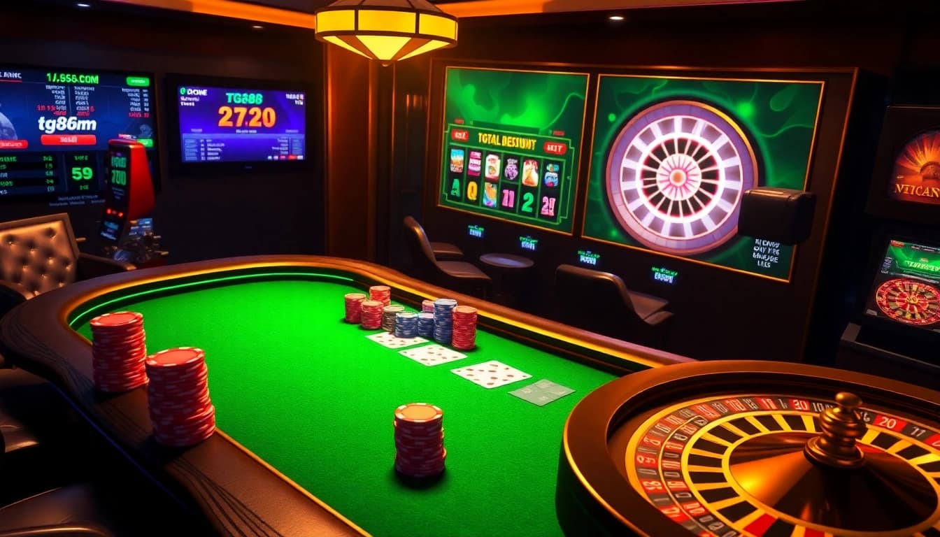 Engaging tg88.com digital poker table showcasing expert chip stacking and dynamic bet placement in a luxury casino setting