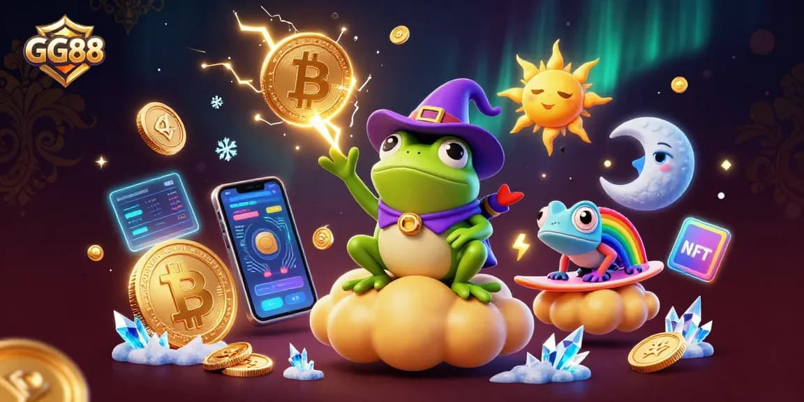Engage with GG88 at the vibrant casino scene, featuring magical frog and rainbow chameleon amid golden coins.