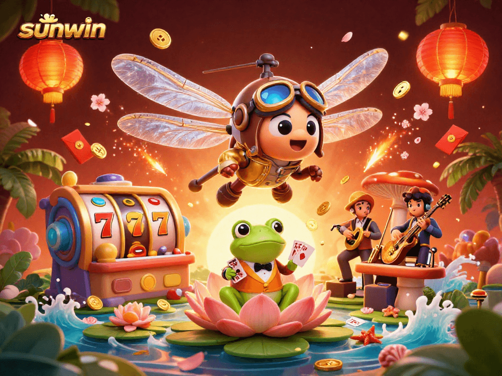 Experience thrilling gameplay with sunwin at a vibrant lily pad casino featuring dynamic characters and festive elements.