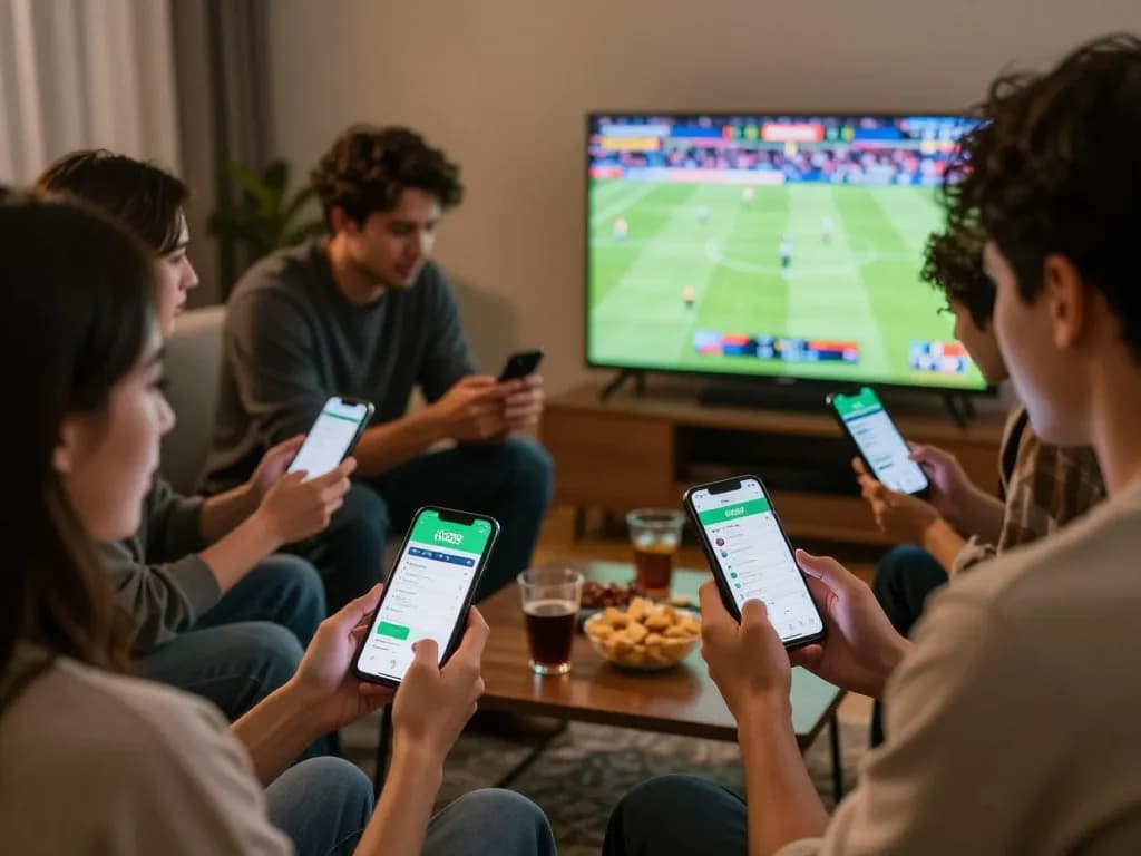 Friends using the Vin88 app for sports betting during an exciting game night.