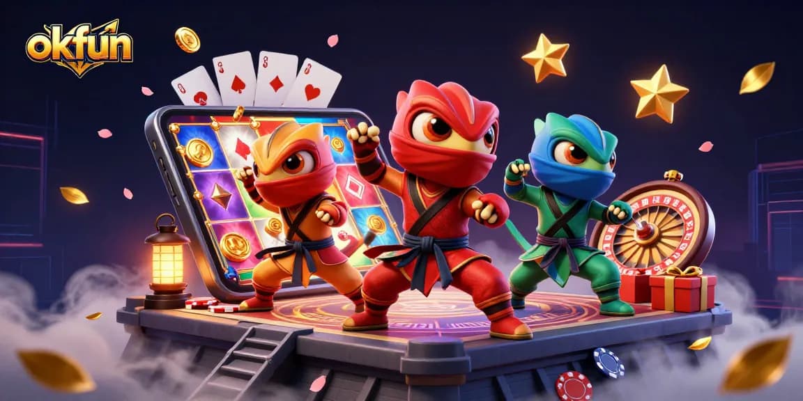 Spin the slots with okfun's unique gaming experience featuring vibrant 3D chameleon ninjas.