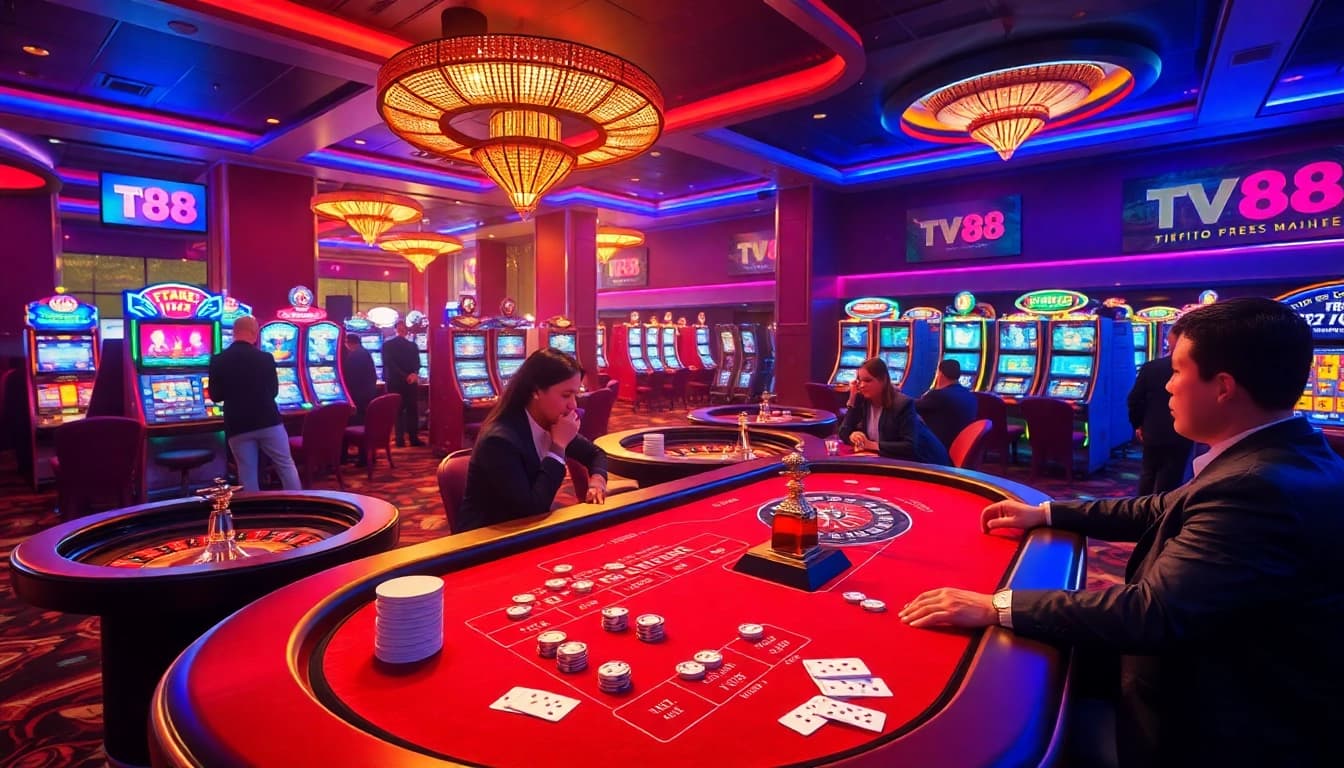 TV 88 table surrounded by excited players engaging in high-stakes gambling activities, showcasing luxury and thrill.