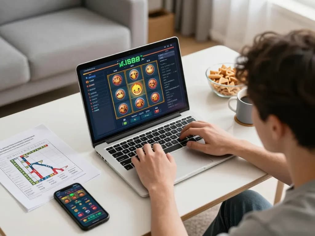 Player enjoying slot88 online gaming on laptop, cozy home setup with snack and drinks.