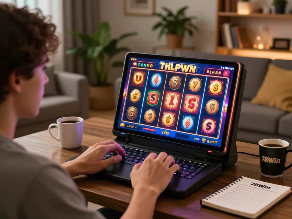 Engaging in slot gaming on a tablet while exploring strategies at 78wintl, in a cozy home environment.