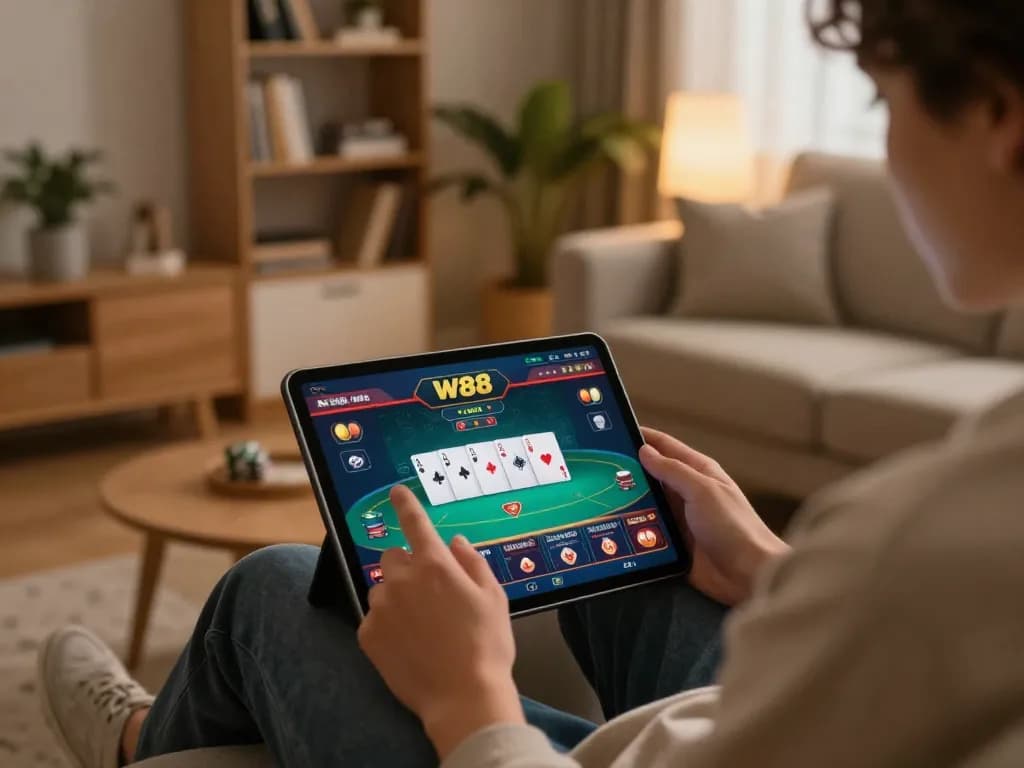 Engaged player using W88 app for online poker in cozy living room