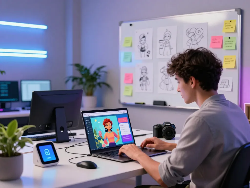User actively engaging with Crushon AI in a modern tech workspace, surrounded by character design sketches and vibrant atmosphere.