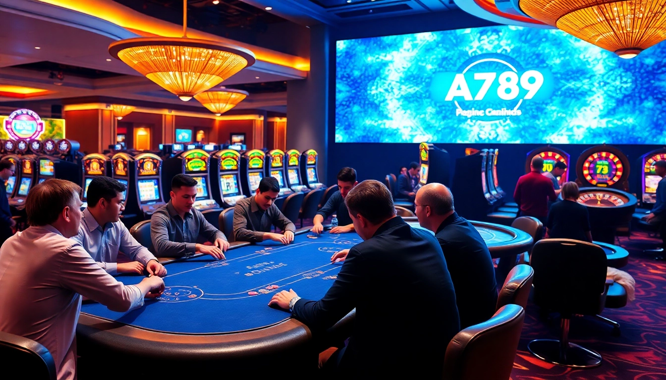 Players engaging in a high-stakes game at ALo789 casino, surrounded by exciting gaming elements.
