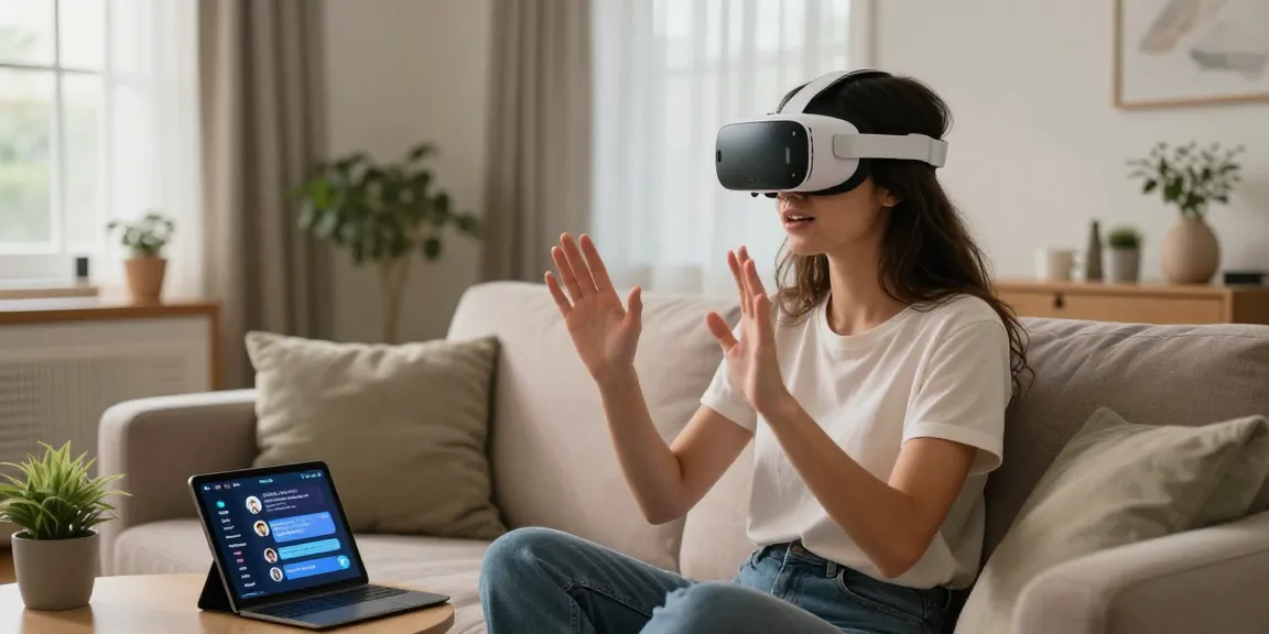 A young woman chatting with her AI girlfriend through augmented reality in a cozy living room, showcasing emotional connection.