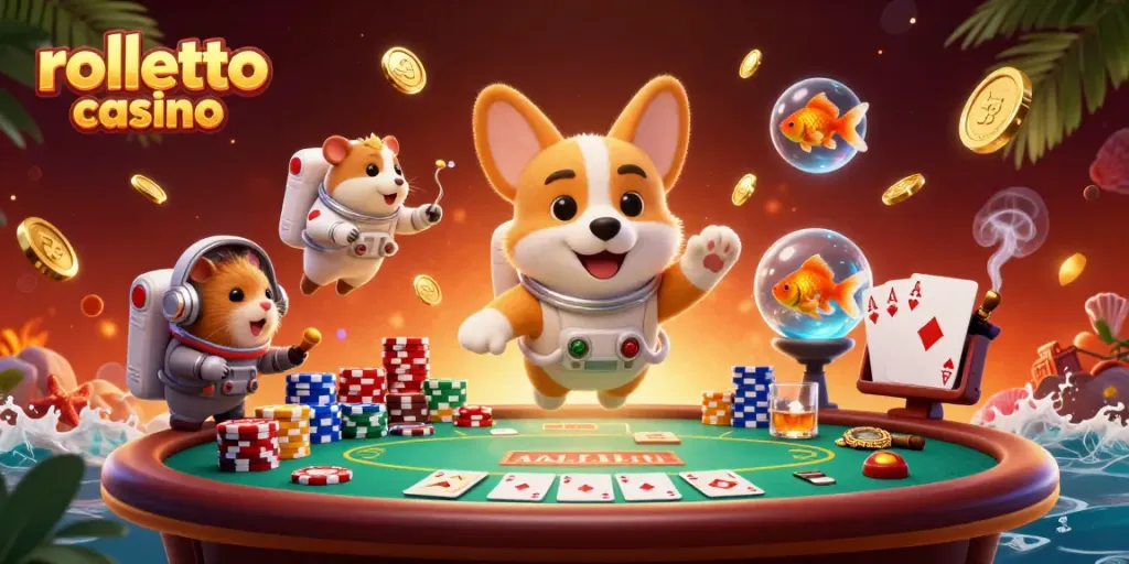 Experience fun with rolletto casino as a corgi astronaut plays in a floating casino scene.
