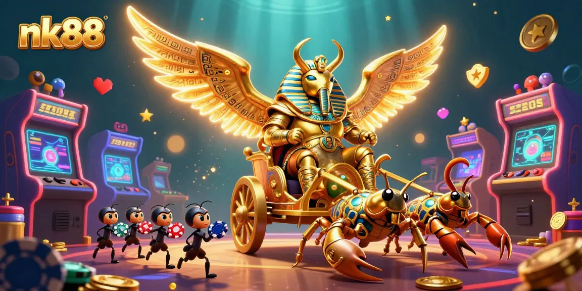 Players enjoy vibrant fun at nk88 with a golden scarab beetle in a casino-themed scene filled with game elements.