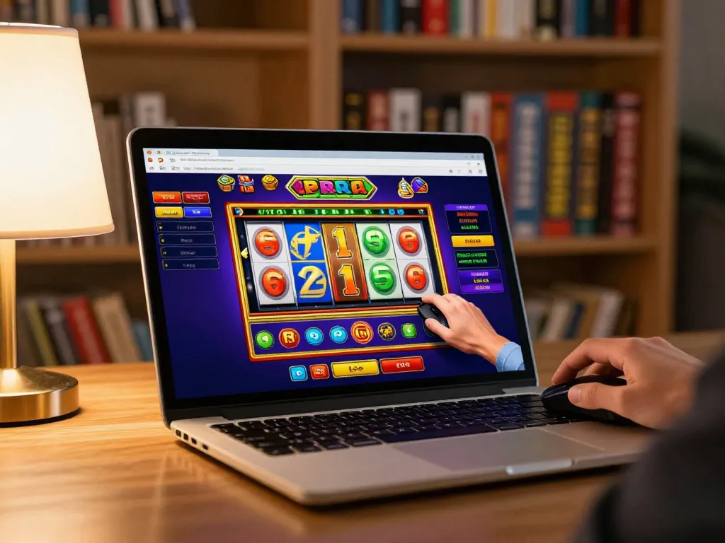 Engaging online gaming scene featuring nhà cái FB88 on laptop with vibrant slot reels and cozy ambiance