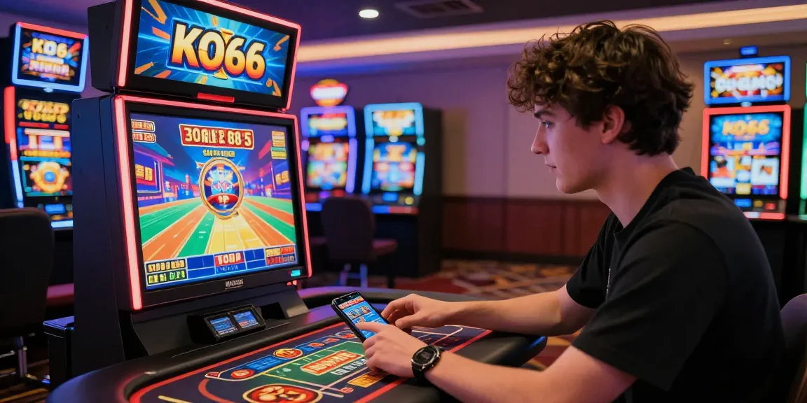 Player focusing on KO66 mobile gaming experience with vibrant casino graphics.
