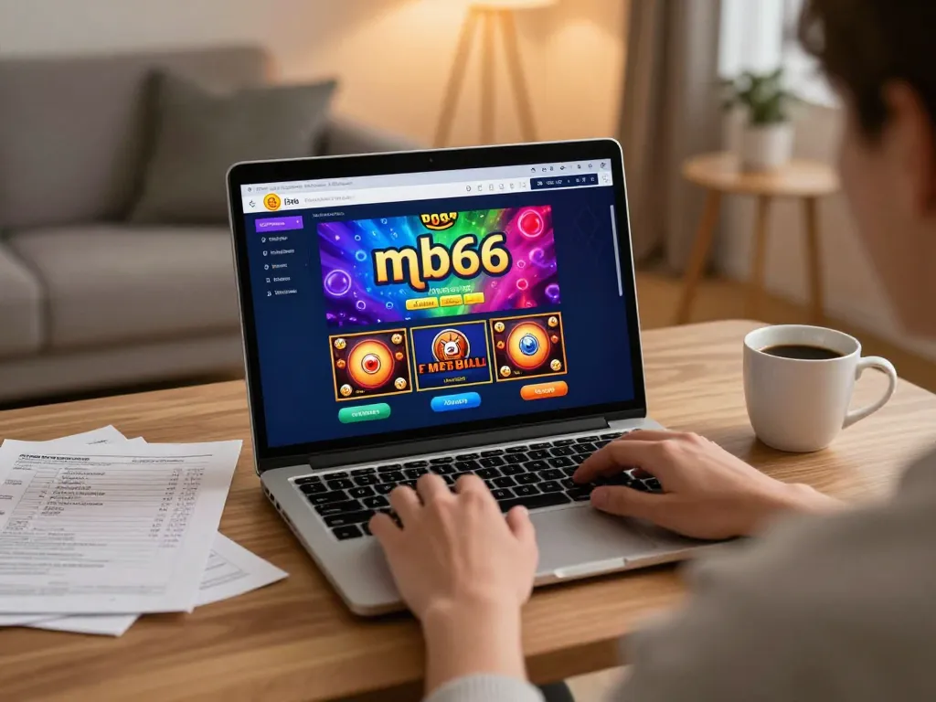 Engaging with mb66 link on a laptop while enjoying online casino gaming at home, showing vibrant gameplay.