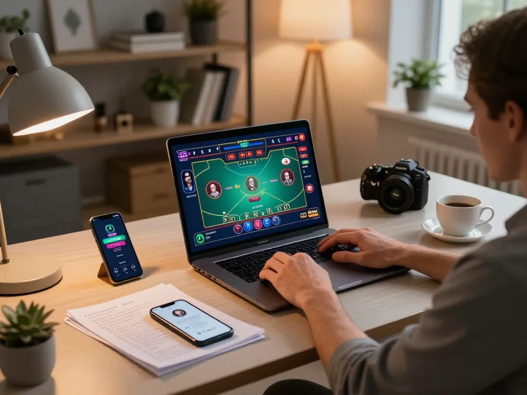 Engaging in live dealer baccarat on the LODE88 platform with a well-organized gaming setup.