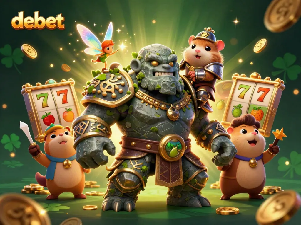 Experience thrilling gameplay at debet with a stone golem and knight in a vibrant casino scene.