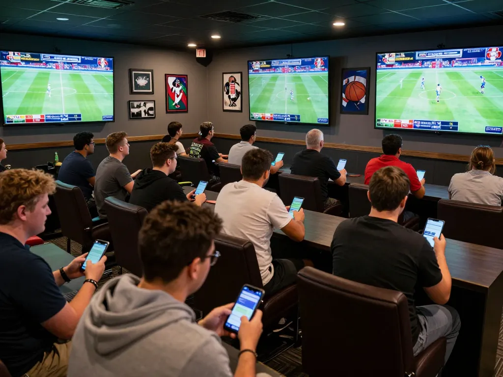 Patrons engaging in sports betting at ALO8, actively placing bets on devices.