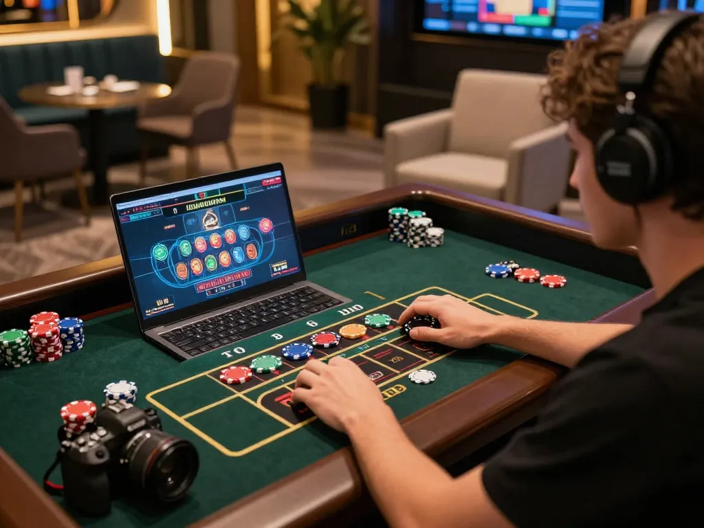Onbet player engaging in roulette gaming on laptop, emphasizing strategy and responsible gambling.