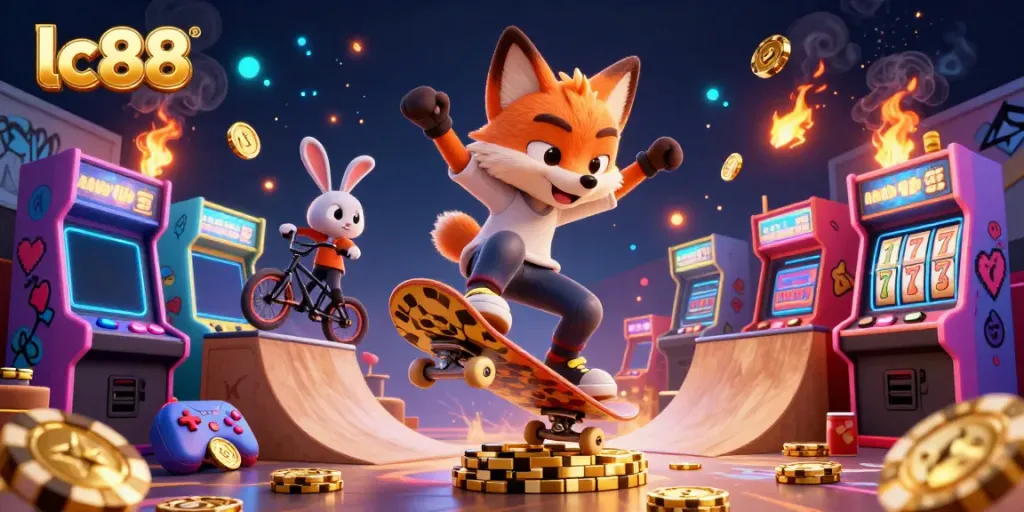 Experience high-energy gambling action with lc88's vibrant casino scene featuring animated characters.