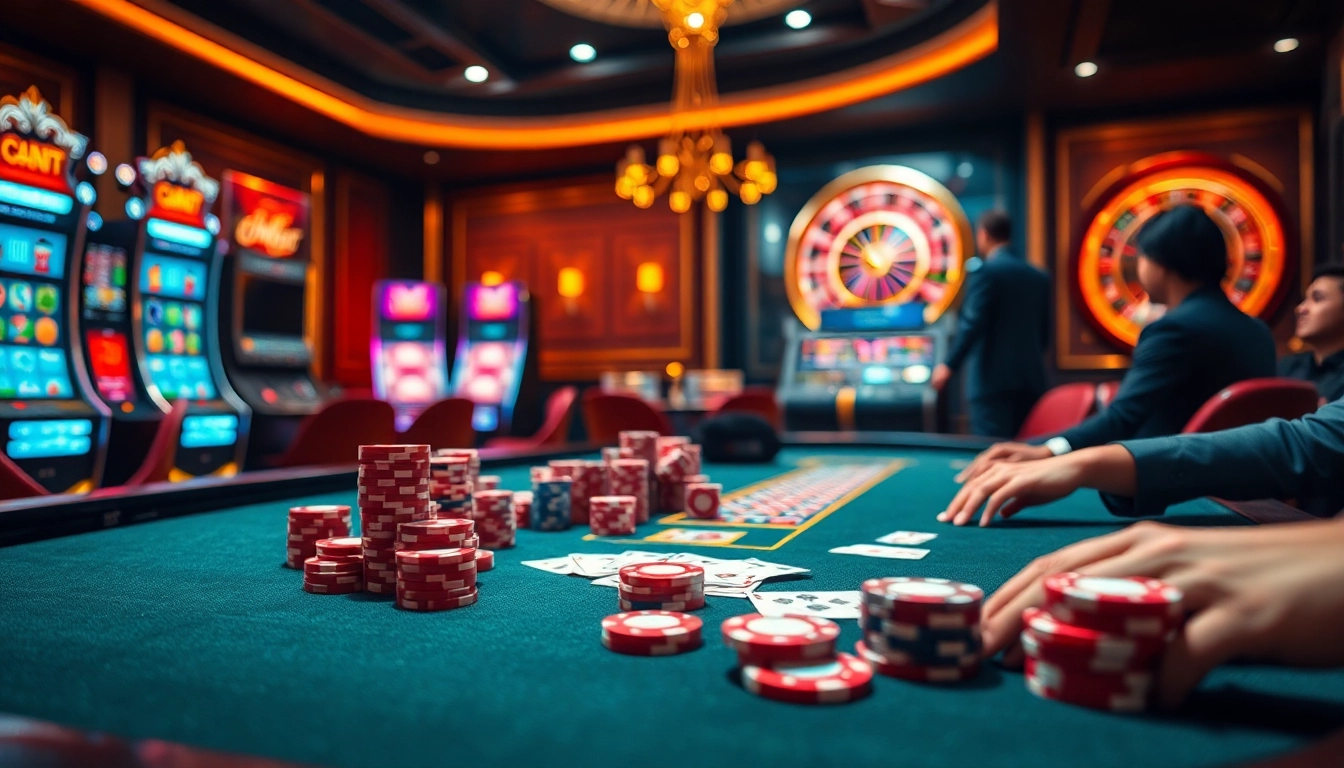 Engaged players enjoying a thrilling game at f8bet.com online casino featuring vibrant poker chips and luxurious ambiance.