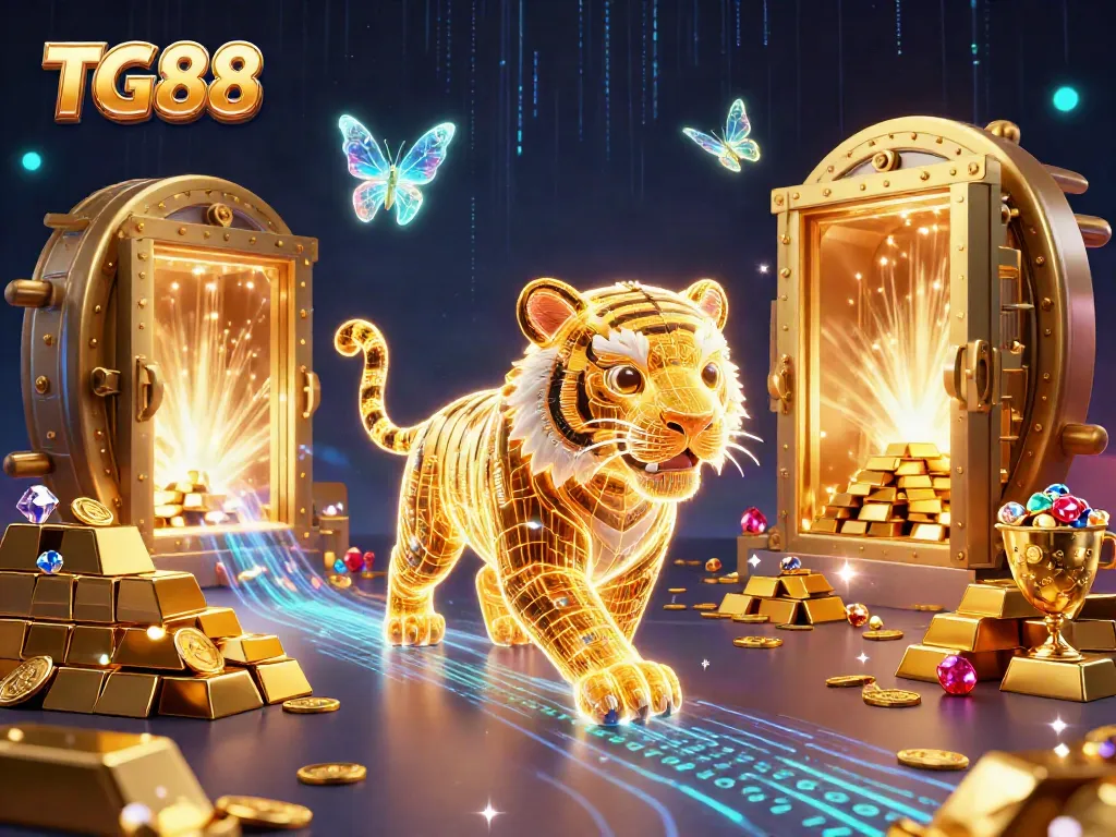 Experience the excitement at TG88 Casino with our vibrant 3D illustration of a golden tiger in a digital gaming world.