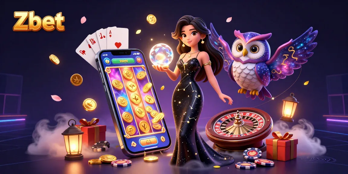 Engage with Zbet's vibrant casino scene featuring a glowing crystal ball and dynamic slot games.