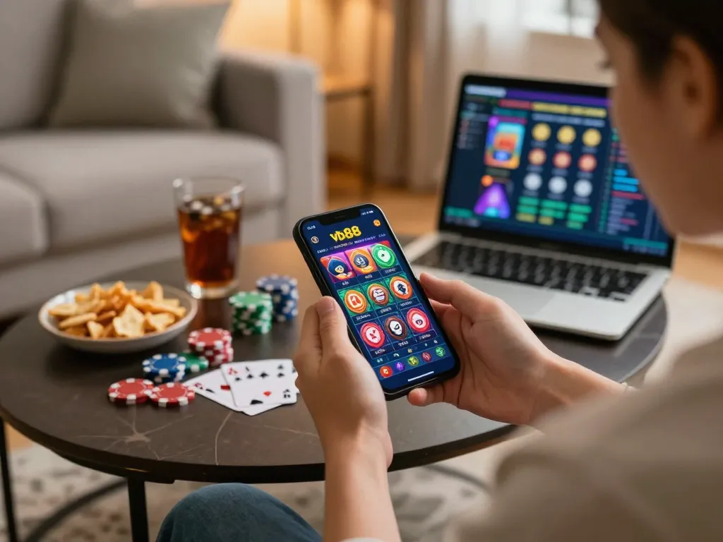 Engaging with vb88 mobile app on a smartphone while enjoying a home gaming session with snacks.