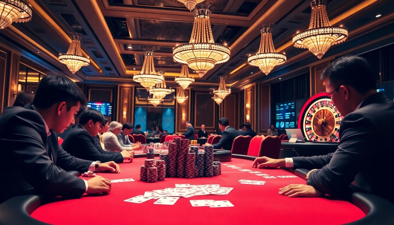 Engaging scene of a poker game at Trang chu daga featuring luxurious decor and high-stakes atmosphere.