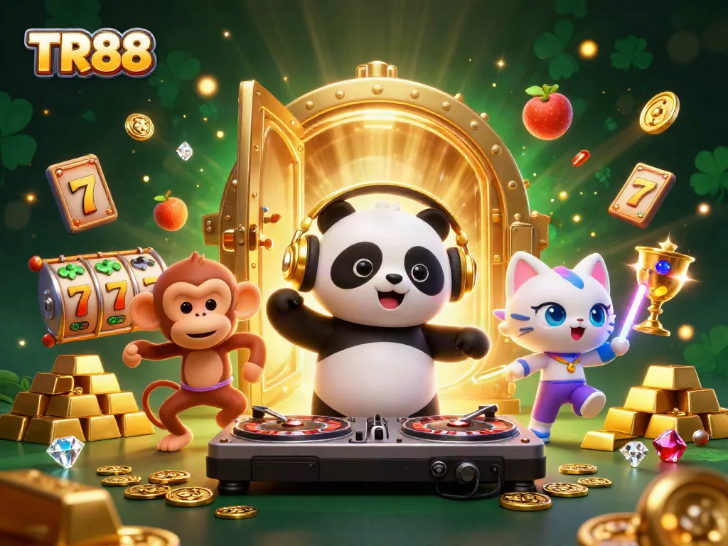 Experience thrilling action at TR88 with DJ panda, breakdancing monkey, and glowing kitten among gold treasures.