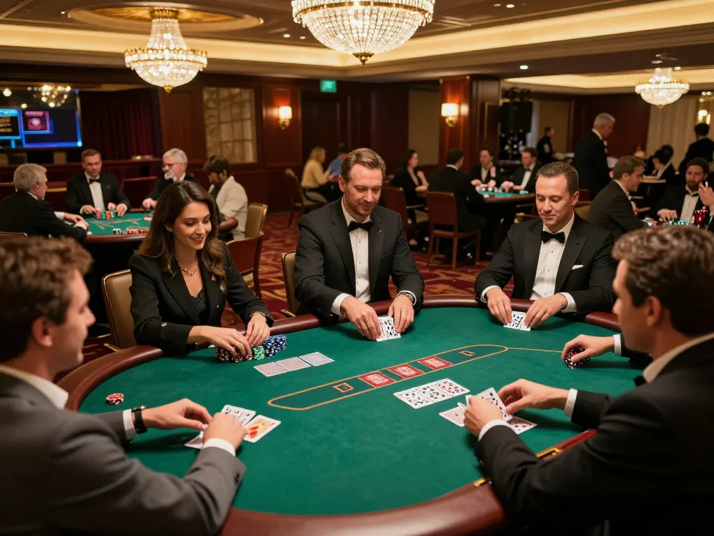 Players enjoying a thrilling poker game at QQ88 casino, showcasing vibrant atmosphere and high stakes.