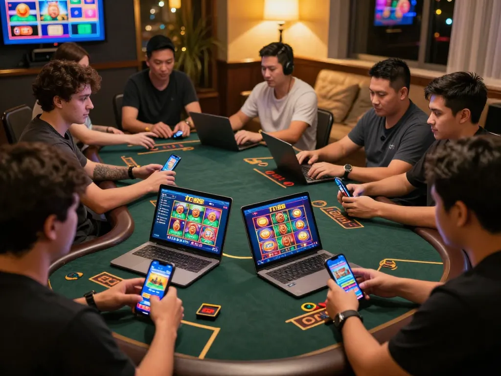 Players engaging with the tr88 app in a vibrant online casino setup, highlighting the excitement of digital gambling.