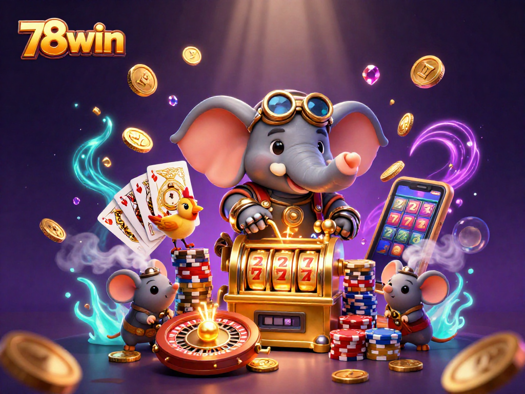 Spin the golden slot machine and win with 78win's vibrant casino scene featuring engaging characters.