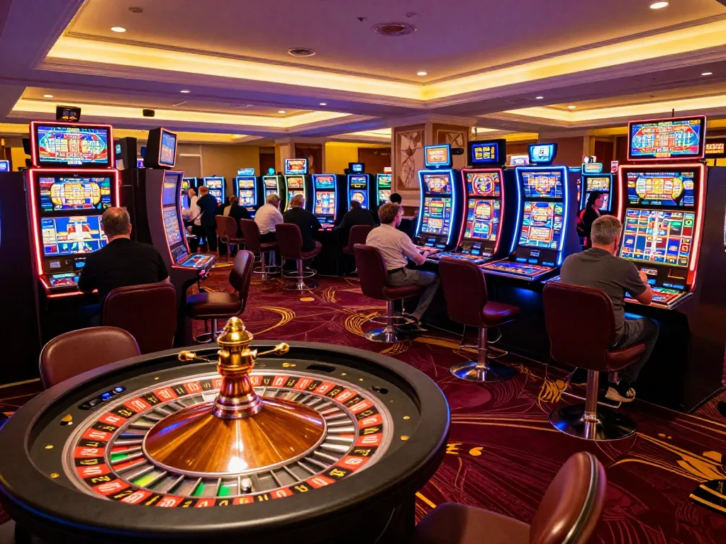 Players enjoying the exciting atmosphere at nhà cái lv88 with vibrant slot machines and a roulette table.