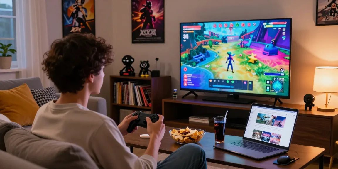 Engaged gamer playing xxx games in a cozy living room setting with snacks.