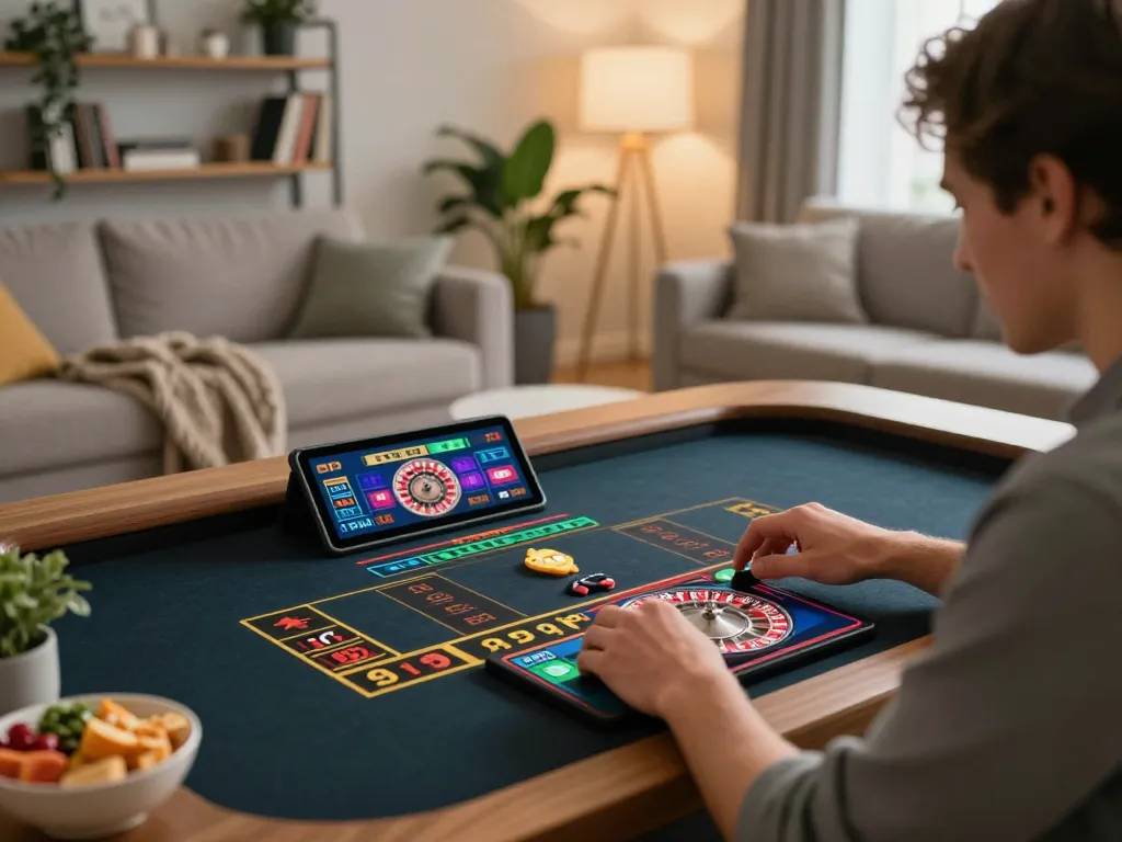 Engage in strategic roulette gameplay at home with 88CLUB on a tablet, cozy atmosphere and focused setting