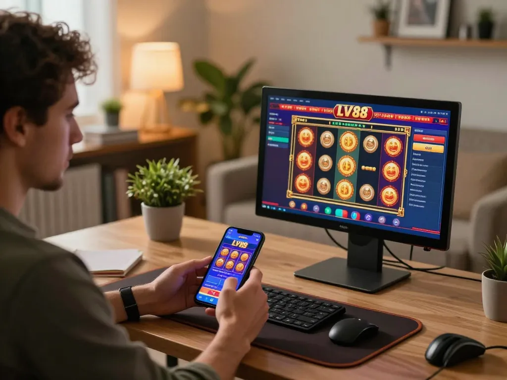 Player enjoying LV88 mobile casino app, engaged in online slots at home, capturing responsible gambling experience.