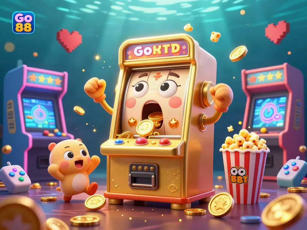 Go 88 brings excitement as a golden slot machine hits the jackpot, surrounded by cheering companions.